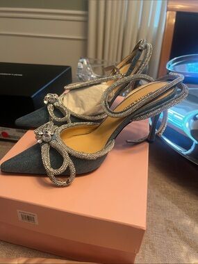 MACH & MACH Denim Blue Crystal-Embellished Slingback Pumps